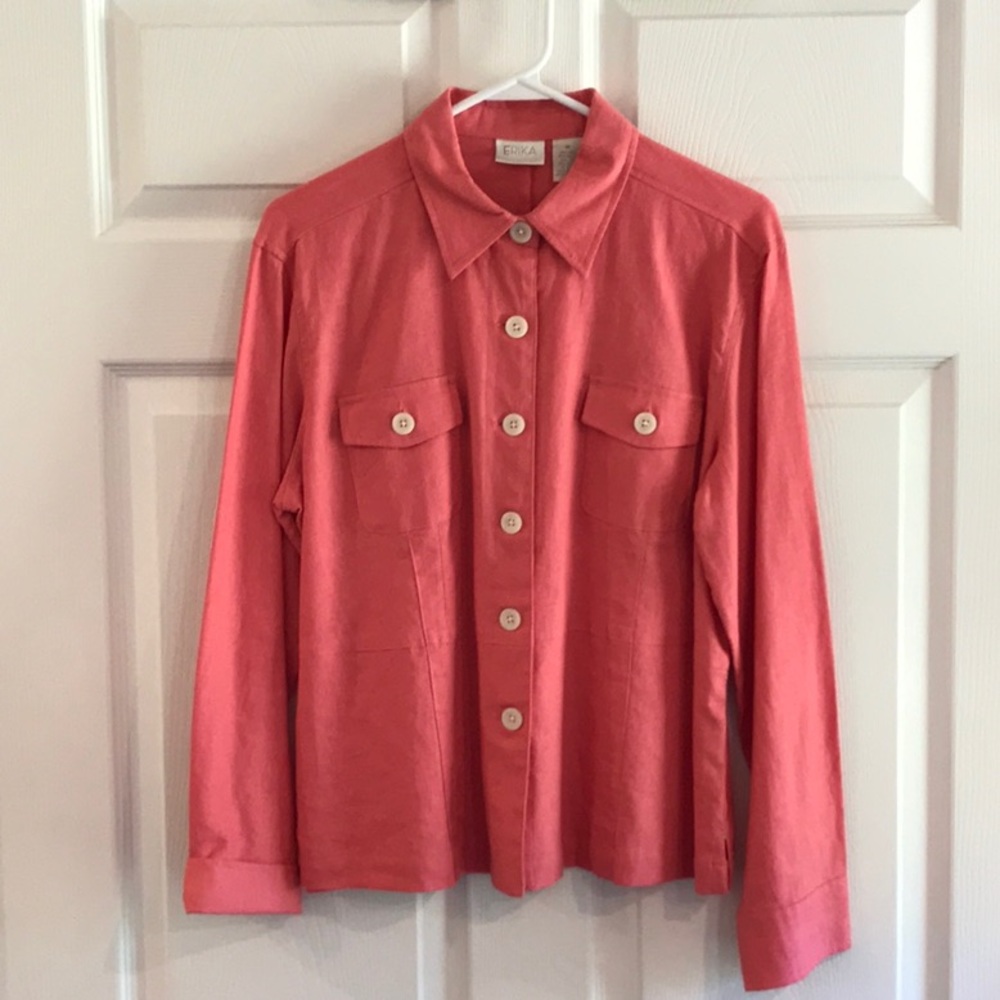 Erika Women’s Jacket Linen Blend Button Up Medium Pink Lightweight